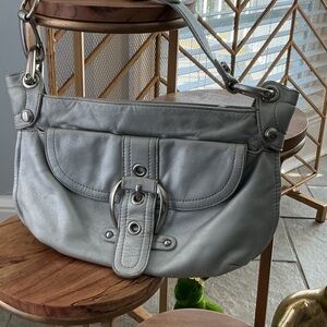b. makowsky Silver Leather Buckle Crossbody Bag